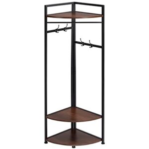 MATICO Metal Corner Clothing Garment Rack with Wooden Storage Shelves, 3 Tier Clothes Drying Hanger Rack Stand for Hanging Clothes, Freestanding Corner Thin Shelving Organizer Towel Rack, Black