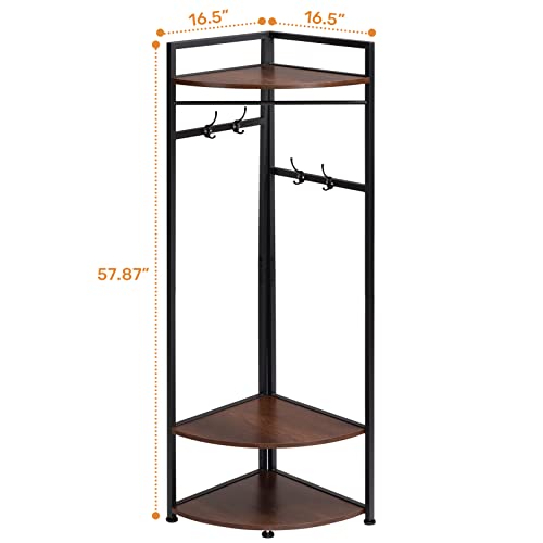 MATICO Metal Corner Clothing Garment Rack with Wooden Storage Shelves, 3 Tier Clothes Drying Hanger Rack Stand for Hanging Clothes, Freestanding Corner Thin Shelving Organizer Towel Rack, Black