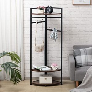 MATICO Metal Corner Clothing Garment Rack with Wooden Storage Shelves, 3 Tier Clothes Drying Hanger Rack Stand for Hanging Clothes, Freestanding Corner Thin Shelving Organizer Towel Rack, Black