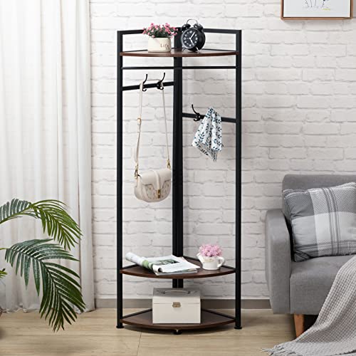 MATICO Metal Corner Clothing Garment Rack with Wooden Storage Shelves, 3 Tier Clothes Drying Hanger Rack Stand for Hanging Clothes, Freestanding Corner Thin Shelving Organizer Towel Rack, Black