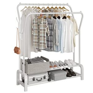 accstore garment rack drying rack freestanding hanger double rails bedroom clothing rack with 2-tier lower storage shelf,white
