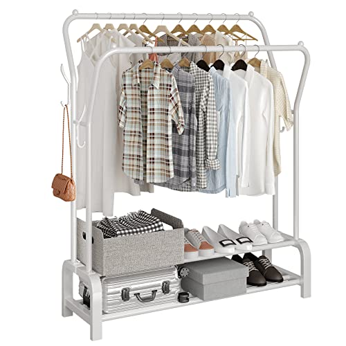 ACCSTORE Garment Rack Drying Rack Freestanding Hanger Double Rails Bedroom Clothing Rack with 2-Tier Lower Storage Shelf,White