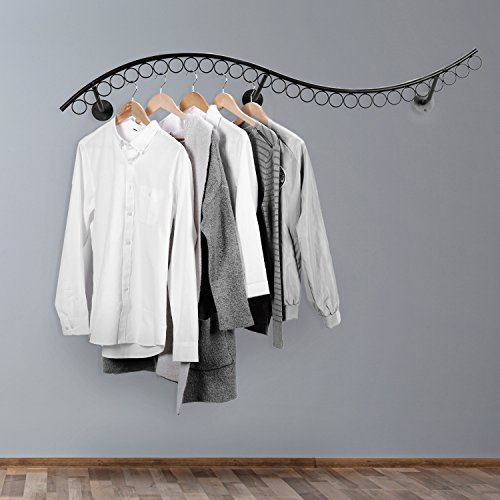 MyGift Wall Mounted Black Metal Single Rod Garment Clothing Rack with 29 Hanger Rings and Wave Design, Professional Retail Clothes Display Rack