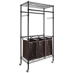 knocbel garment rack clothes wardrobe rolling cart with height adjustable hanging bars swing arms, 3-section laundry sorter hampers, storage shelf, 4 detachable wheels (black)