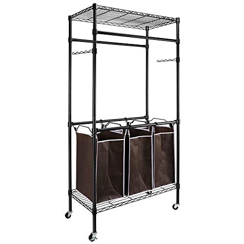 Knocbel Garment Rack Clothes Wardrobe Rolling Cart with Height Adjustable Hanging Bars Swing Arms, 3-Section Laundry Sorter Hampers, Storage Shelf, 4 Detachable Wheels (Black)