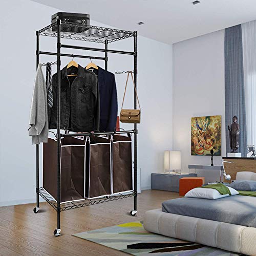 Knocbel Garment Rack Clothes Wardrobe Rolling Cart with Height Adjustable Hanging Bars Swing Arms, 3-Section Laundry Sorter Hampers, Storage Shelf, 4 Detachable Wheels (Black)