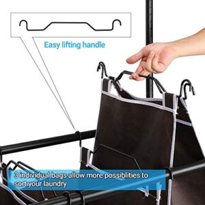 Knocbel Garment Rack Clothes Wardrobe Rolling Cart with Height Adjustable Hanging Bars Swing Arms, 3-Section Laundry Sorter Hampers, Storage Shelf, 4 Detachable Wheels (Black)