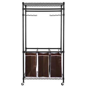 Knocbel Garment Rack Clothes Wardrobe Rolling Cart with Height Adjustable Hanging Bars Swing Arms, 3-Section Laundry Sorter Hampers, Storage Shelf, 4 Detachable Wheels (Black)