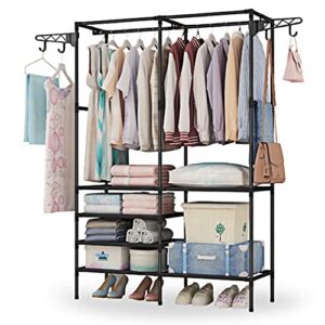 kocaso garment rack,clothes rack shoe clothing organizer shelves,freestanding clothes wardrobe with 2 hanging rods & 360° roatation hooks,coated iron frame,66.1x42.1x14.2in,load capacity 350lbs