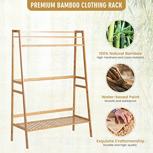 Tangkula Bamboo Clothing Rack with Storage Shelves, Freestanding Garment Rack with Top Shelf, Shoe Rack, 2 Hooks, Heavy-duty Clothing Storage Organizer for Bedroom, Entryway, Living Room, Natural