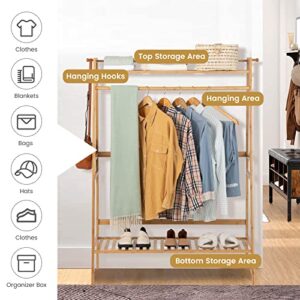 Tangkula Bamboo Clothing Rack with Storage Shelves, Freestanding Garment Rack with Top Shelf, Shoe Rack, 2 Hooks, Heavy-duty Clothing Storage Organizer for Bedroom, Entryway, Living Room, Natural