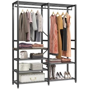 timate p7 garment rack 6 tier clothes rack freestanding wire shelving heavy duty wardrobe closet organizer storage black metal shelves with dark walnut wooden board, 2 hanging rods, max load 485lbs