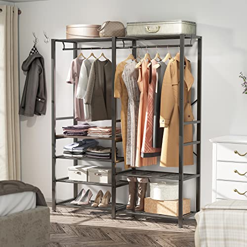Timate P7 Garment Rack 6 Tier Clothes Rack Freestanding Wire Shelving Heavy Duty Wardrobe Closet Organizer Storage Black Metal Shelves with Dark Walnut Wooden Board, 2 Hanging Rods, Max Load 485lbs