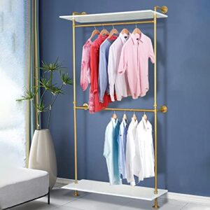 industrial pipe clothing rack, golden pipe clothes rack wall mounted with 2 tier real wood shelves attach to the wall sturdy and stylish industrial garment rack hold the clothes display the clothes