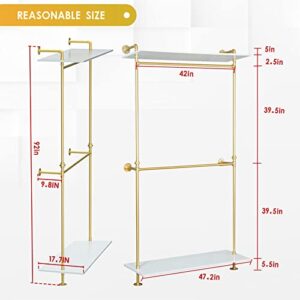 Industrial Pipe Clothing Rack, Golden Pipe Clothes Rack Wall Mounted With 2 Tier Real Wood Shelves Attach To The Wall Sturdy And Stylish Industrial Garment Rack Hold The Clothes Display The Clothes