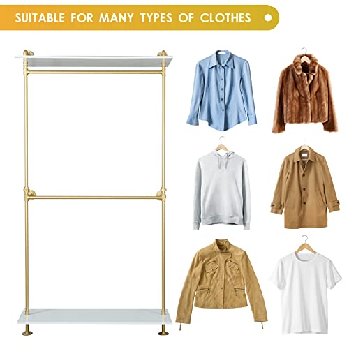 Industrial Pipe Clothing Rack, Golden Pipe Clothes Rack Wall Mounted With 2 Tier Real Wood Shelves Attach To The Wall Sturdy And Stylish Industrial Garment Rack Hold The Clothes Display The Clothes