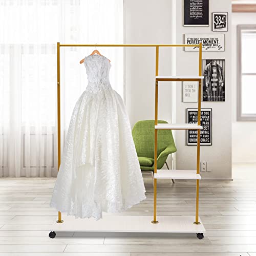 GDAE10 Gold Garment Rack Stand Iron with Universal Wheel and Shelves Square Wedding Dress Bridal Garment Rack Dress Display Stand Floor Hanger Storage Rack for Home Wedding Clothing Store