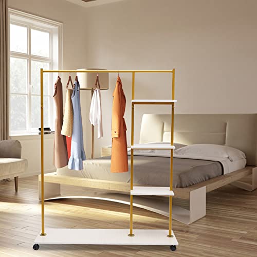 GDAE10 Gold Garment Rack Stand Iron with Universal Wheel and Shelves Square Wedding Dress Bridal Garment Rack Dress Display Stand Floor Hanger Storage Rack for Home Wedding Clothing Store