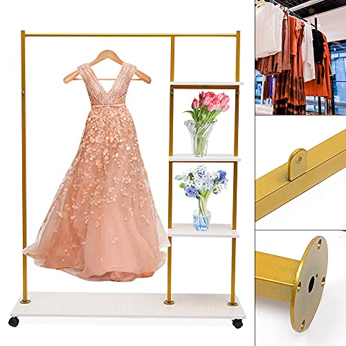GDAE10 Gold Garment Rack Stand Iron with Universal Wheel and Shelves Square Wedding Dress Bridal Garment Rack Dress Display Stand Floor Hanger Storage Rack for Home Wedding Clothing Store