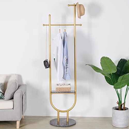 RZGY Clothing Garment Rack with Shelves and Hooks, Metal Coat Rack Stand Golden Satin Steel Finish Stable Marble Base, Clothes Hanging Rack for Entryway, Living Bedroom