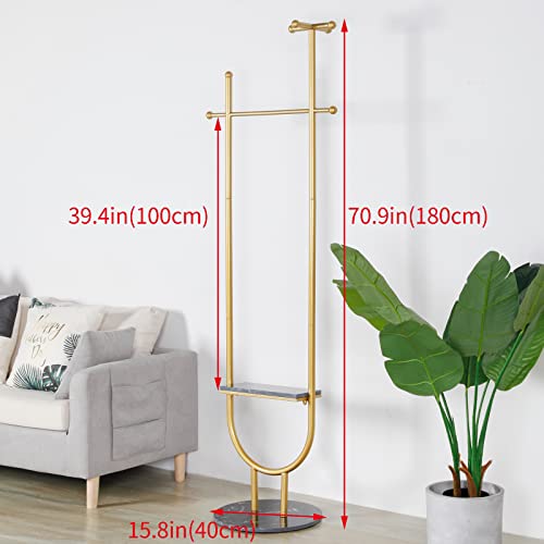 RZGY Clothing Garment Rack with Shelves and Hooks, Metal Coat Rack Stand Golden Satin Steel Finish Stable Marble Base, Clothes Hanging Rack for Entryway, Living Bedroom