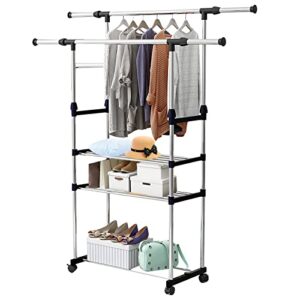 moclever garment rack with shelves, clothing rack with wheels extendable double rod clothing rack for hanging clothes, rolling clothes organizer on lockable wheels mobile hold up to 77lbs