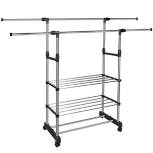 Moclever Garment Rack With Shelves, Clothing Rack With Wheels Extendable Double Rod Clothing Rack For Hanging Clothes, Rolling Clothes Organizer On Lockable Wheels Mobile Hold Up To 77lbs