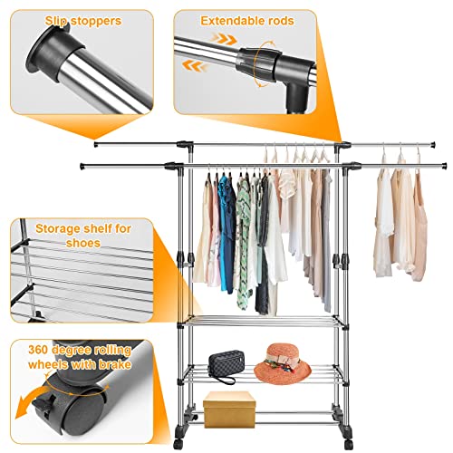 Moclever Garment Rack With Shelves, Clothing Rack With Wheels Extendable Double Rod Clothing Rack For Hanging Clothes, Rolling Clothes Organizer On Lockable Wheels Mobile Hold Up To 77lbs