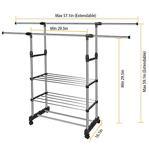 Moclever Garment Rack With Shelves, Clothing Rack With Wheels Extendable Double Rod Clothing Rack For Hanging Clothes, Rolling Clothes Organizer On Lockable Wheels Mobile Hold Up To 77lbs