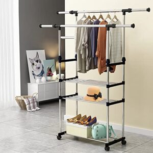 Moclever Garment Rack With Shelves, Clothing Rack With Wheels Extendable Double Rod Clothing Rack For Hanging Clothes, Rolling Clothes Organizer On Lockable Wheels Mobile Hold Up To 77lbs