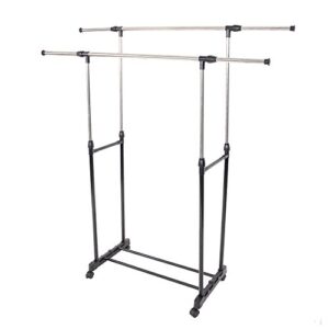 guangshuohui clothes garment rack, double rod closet double rail clothing rolling rack on wheels and bottom shelves, black & silver (a)