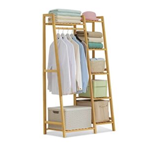 monibloom bamboo clothing rack with 5-tier storage shelves multi-functional garment rack, clothes hanging rack stand for bedroom living room, natural