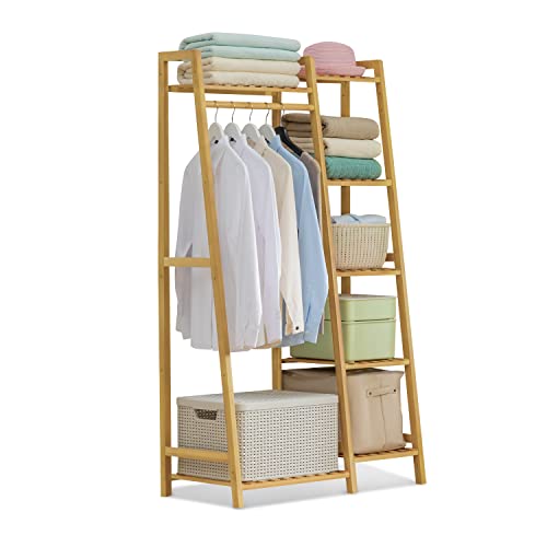 MoNiBloom Bamboo Clothing Rack with 5-Tier Storage Shelves Multi-Functional Garment Rack, Clothes Hanging Rack Stand for Bedroom Living Room, Natural