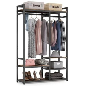 tribesigns free-standing closet organizer, large double rod clothes garment rack with shelves and tie rack, heavy-duty wardrobe closet storage organizer clothing shelving for bedroom (rustic brown)
