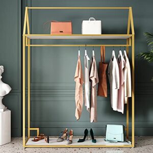 TDD Modern Clothing Rack Gold with 2 Shelves Free-Standing Garment Rack Heavy Duty Retail Display Clothes Racks for Hanging Clothes Boutique Home