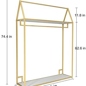 TDD Modern Clothing Rack Gold with 2 Shelves Free-Standing Garment Rack Heavy Duty Retail Display Clothes Racks for Hanging Clothes Boutique Home