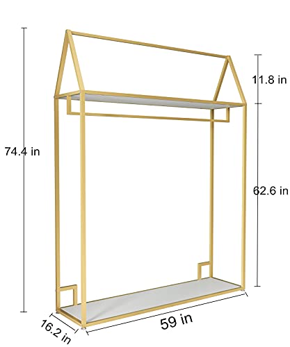 TDD Modern Clothing Rack Gold with 2 Shelves Free-Standing Garment Rack Heavy Duty Retail Display Clothes Racks for Hanging Clothes Boutique Home