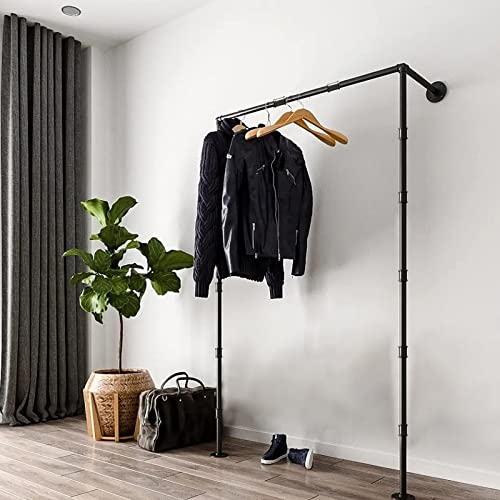 Jeasor Industrial Iron Pipe Clothes Hanging Rack DIY Wall-Mounted Single-layer Rolling Garment Bar Heavy Duty Clothing Rod for Bedroom, Laundry Room, Closet Storage