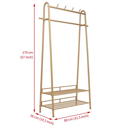 Cre Cra Gold Clothing Rack Freestanding Industrial Garment Rack with Double Shelves Heavy Duty Metal Modern Clothes Rack Stand Multi-functional Coat Hanger Rack Stand for Boutiques Bedroom