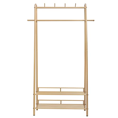 Cre Cra Gold Clothing Rack Freestanding Industrial Garment Rack with Double Shelves Heavy Duty Metal Modern Clothes Rack Stand Multi-functional Coat Hanger Rack Stand for Boutiques Bedroom