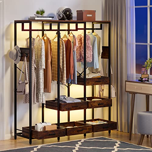 Tribesigns Closet Organizer with 6 Open Drawers, Heavy Duty Freestanding Clothes Garment Rack with 2 Hanging Rods, Shelf and Hooks, Large Metal Clothing Rack Open Wardrobe for Bedroom, Rustic Brown