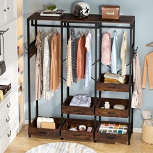 Tribesigns Closet Organizer with 6 Open Drawers, Heavy Duty Freestanding Clothes Garment Rack with 2 Hanging Rods, Shelf and Hooks, Large Metal Clothing Rack Open Wardrobe for Bedroom, Rustic Brown