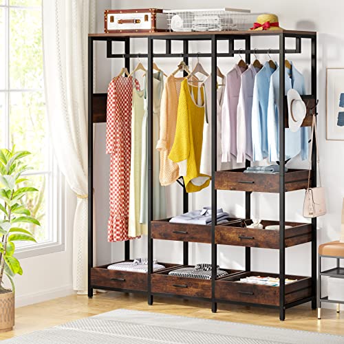 Tribesigns Closet Organizer with 6 Open Drawers, Heavy Duty Freestanding Clothes Garment Rack with 2 Hanging Rods, Shelf and Hooks, Large Metal Clothing Rack Open Wardrobe for Bedroom, Rustic Brown