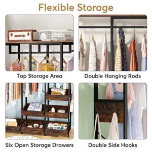 Tribesigns Closet Organizer with 6 Open Drawers, Heavy Duty Freestanding Clothes Garment Rack with 2 Hanging Rods, Shelf and Hooks, Large Metal Clothing Rack Open Wardrobe for Bedroom, Rustic Brown