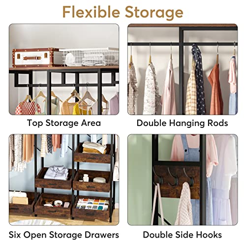 Tribesigns Closet Organizer with 6 Open Drawers, Heavy Duty Freestanding Clothes Garment Rack with 2 Hanging Rods, Shelf and Hooks, Large Metal Clothing Rack Open Wardrobe for Bedroom, Rustic Brown