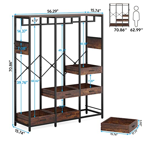 Tribesigns Closet Organizer with 6 Open Drawers, Heavy Duty Freestanding Clothes Garment Rack with 2 Hanging Rods, Shelf and Hooks, Large Metal Clothing Rack Open Wardrobe for Bedroom, Rustic Brown