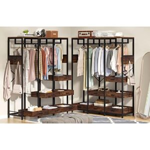 Tribesigns Closet Organizer with 6 Open Drawers, Heavy Duty Freestanding Clothes Garment Rack with 2 Hanging Rods, Shelf and Hooks, Large Metal Clothing Rack Open Wardrobe for Bedroom, Rustic Brown