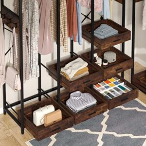 Tribesigns Closet Organizer with 6 Open Drawers, Heavy Duty Freestanding Clothes Garment Rack with 2 Hanging Rods, Shelf and Hooks, Large Metal Clothing Rack Open Wardrobe for Bedroom, Rustic Brown