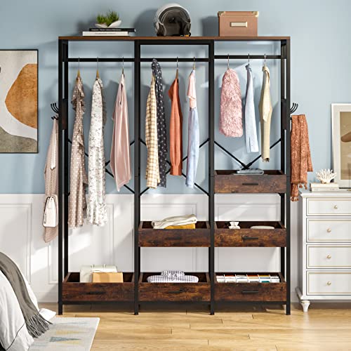 Tribesigns Closet Organizer with 6 Open Drawers, Heavy Duty Freestanding Clothes Garment Rack with 2 Hanging Rods, Shelf and Hooks, Large Metal Clothing Rack Open Wardrobe for Bedroom, Rustic Brown