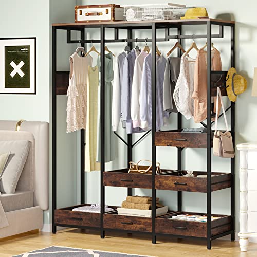 Tribesigns Closet Organizer with 6 Open Drawers, Heavy Duty Freestanding Clothes Garment Rack with 2 Hanging Rods, Shelf and Hooks, Large Metal Clothing Rack Open Wardrobe for Bedroom, Rustic Brown